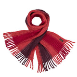 Warmer Alpaka Schal für Damen in rot - geöffnete Form mit Nahansicht des Fransensaums