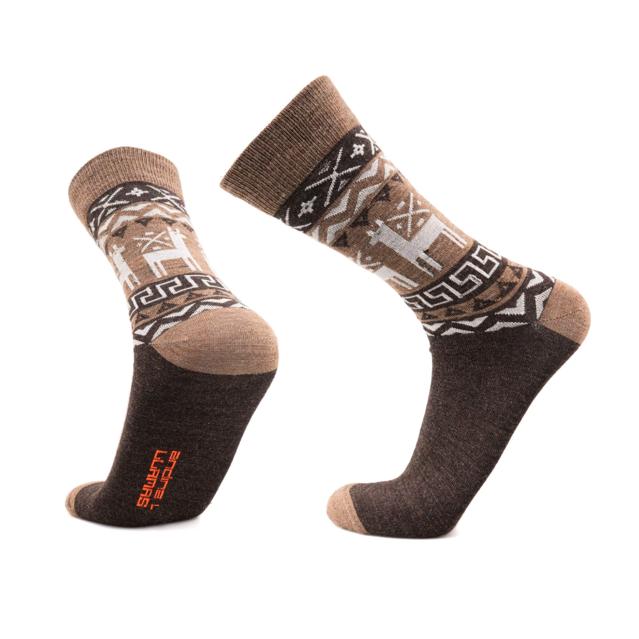 Dunkelbraune Naturfarbe Alpaka Socken mit niedlichem Alpaka Motiv