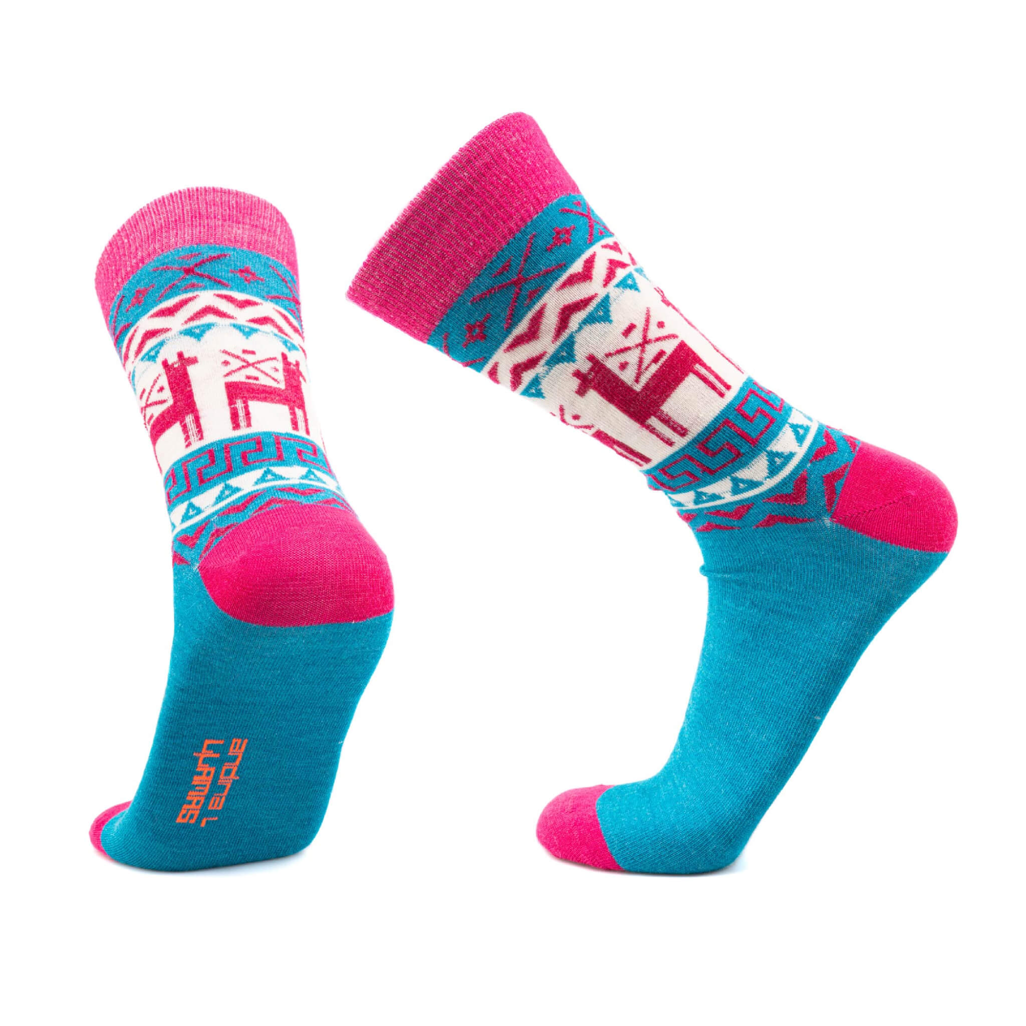 Dünne Alpaka Motiv Socken für Damen und Herren in türkis und pink
