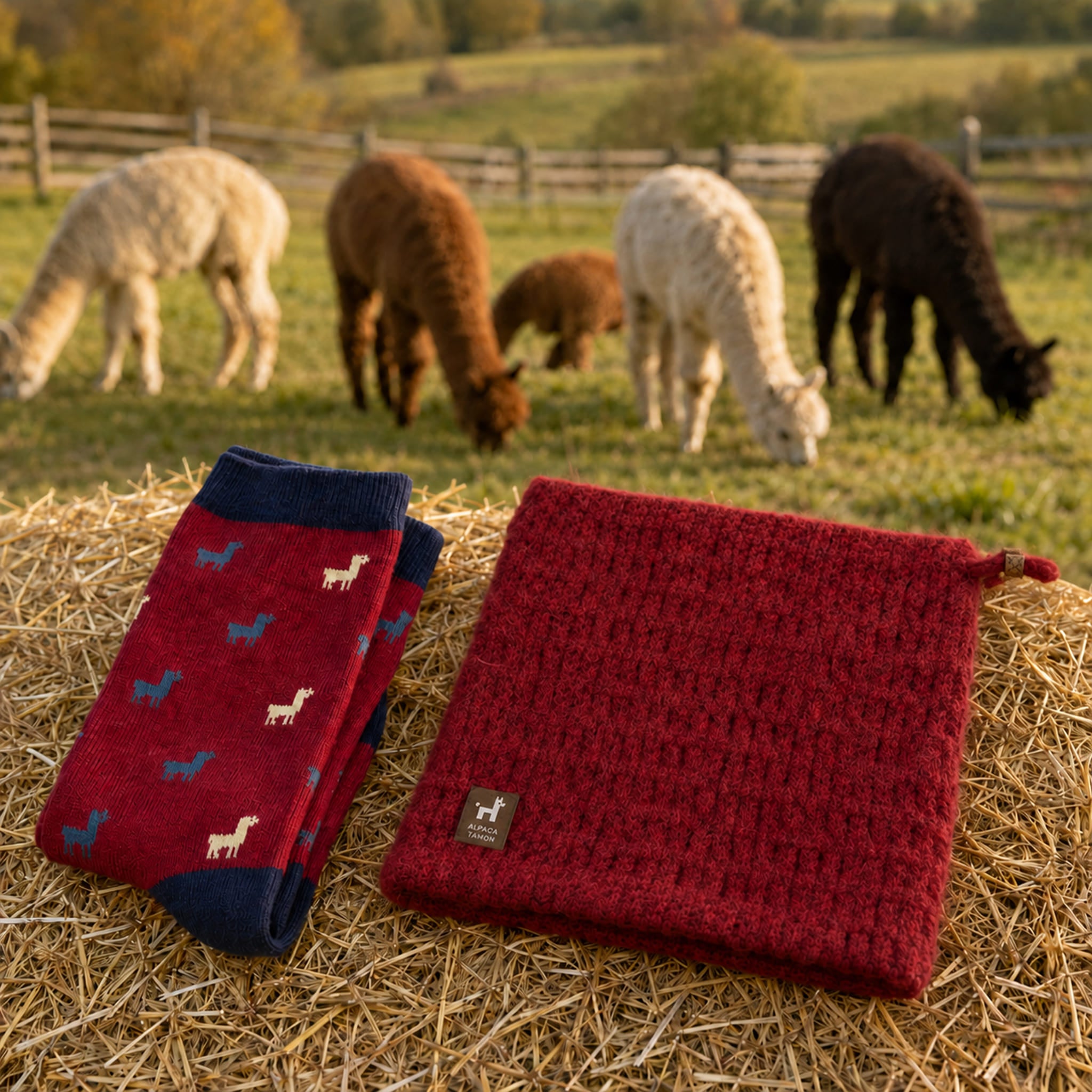 Alpaka Fanset als Geschenk nach der Alpaka Wanderung mit dunkelrotem Loop Schal und warmen Socken mit Alpaka Motiv