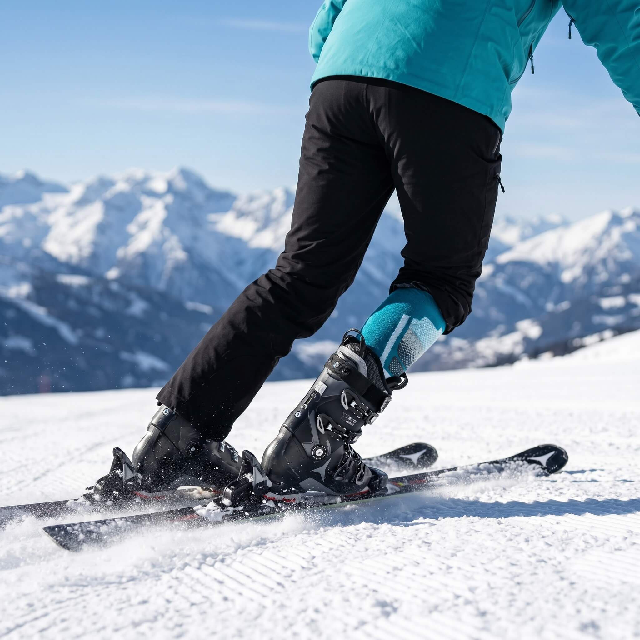 Türkisfarbene Alpaka Skisocken beim Einsatz auf der Piste