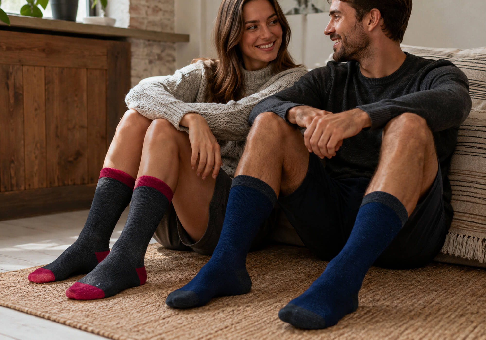 Paar sitzt glücklich mit den Alpaka Thermosocken in rot und dunkelblau auf dem Fußboden zuhause