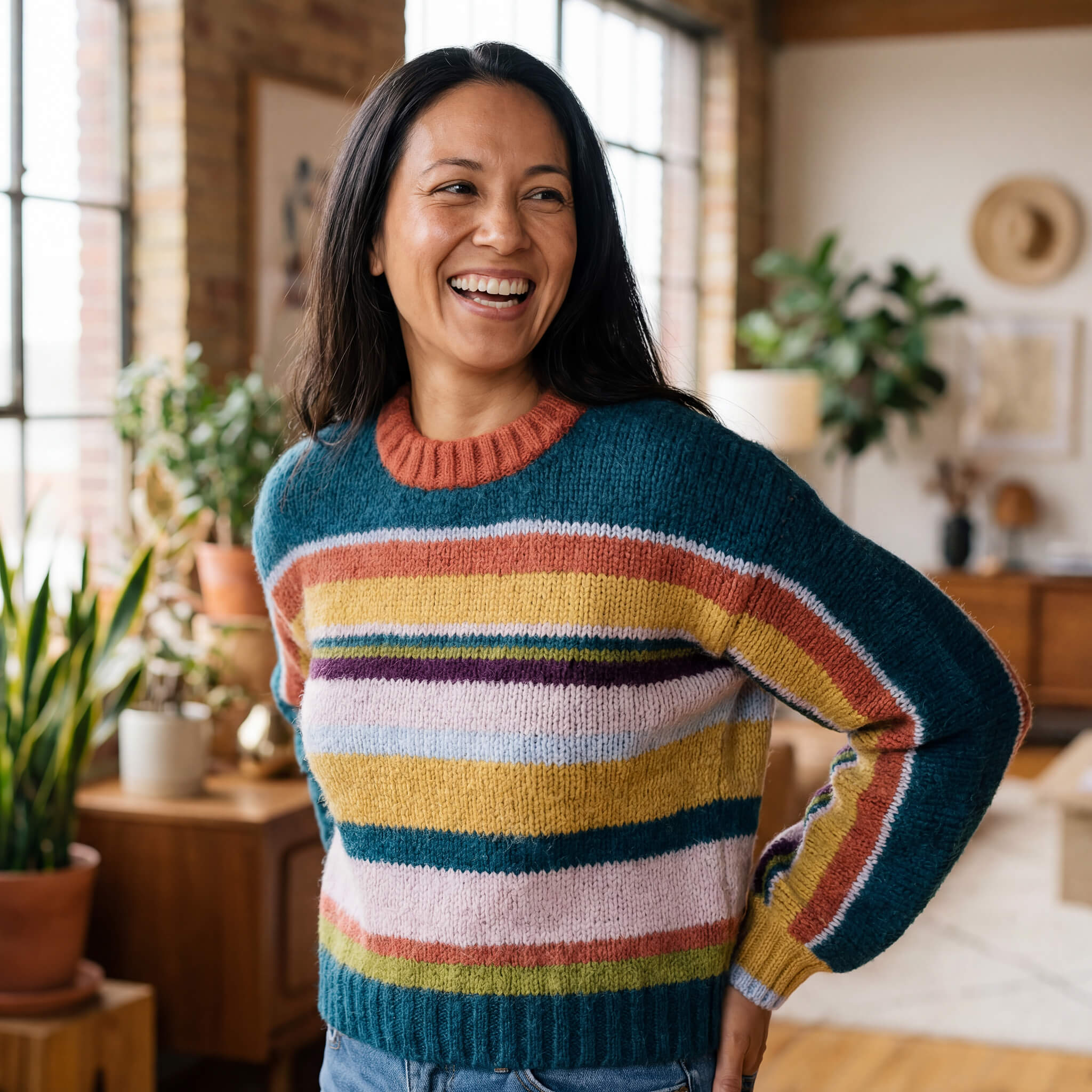 Südländische Frau trägt den bunten Cusi Alpaka Pullover und lacht glücklich in die Kamera