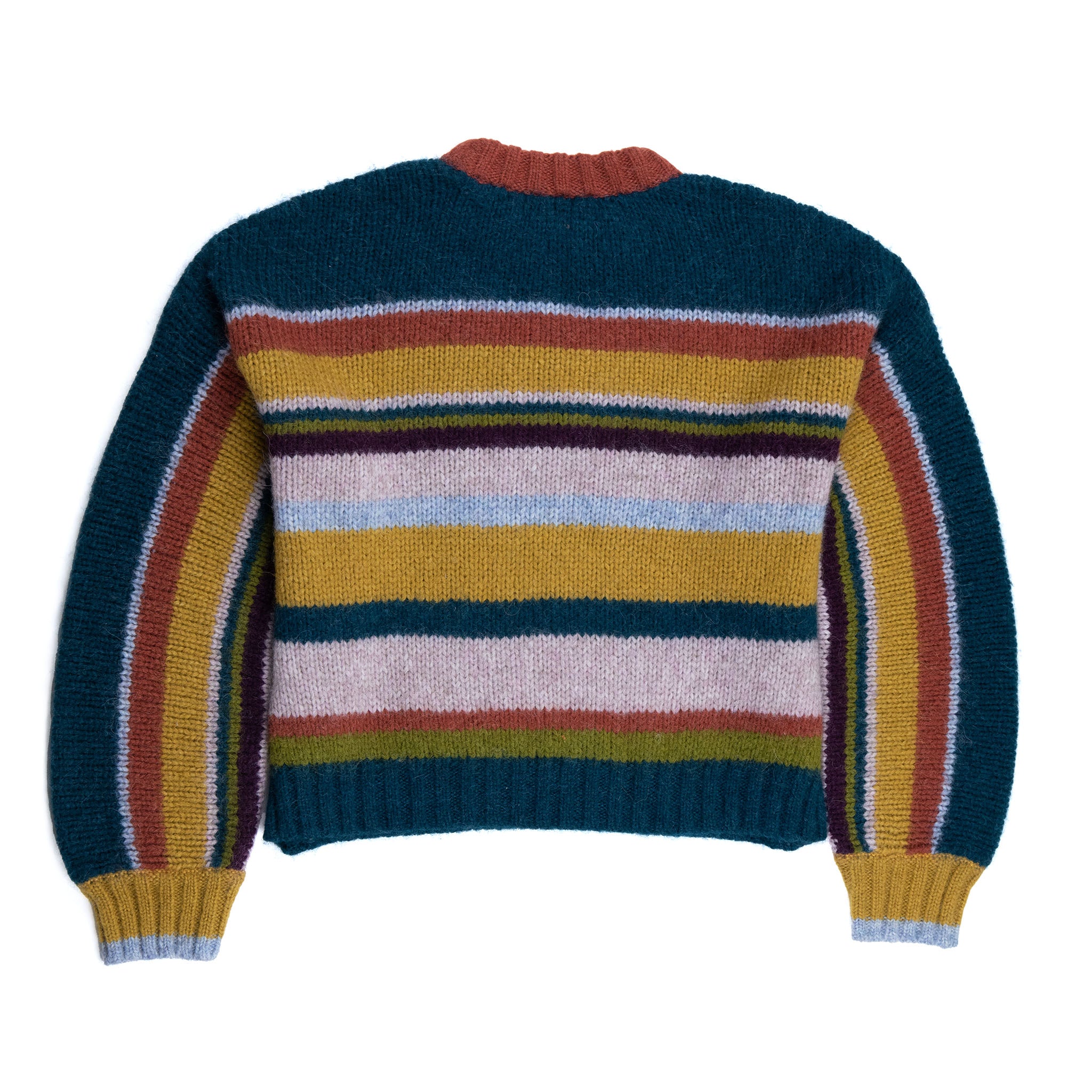 Cusi bunter Alpaka Pullover für Damen von hinten vor weißem Hintergrund