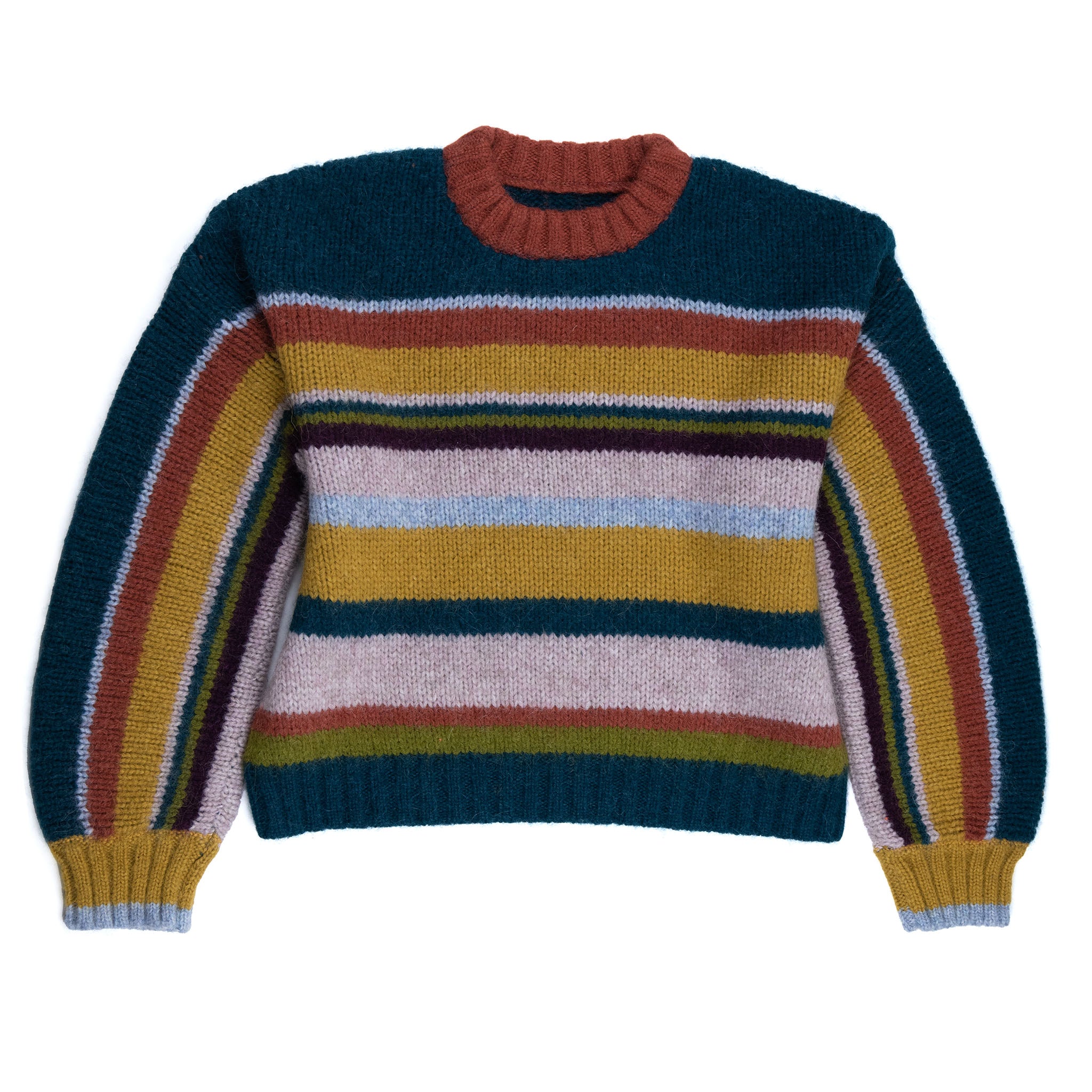 Cusi bunter Alpaka Pullover für Damen von vorne vor weißem Hintergrund