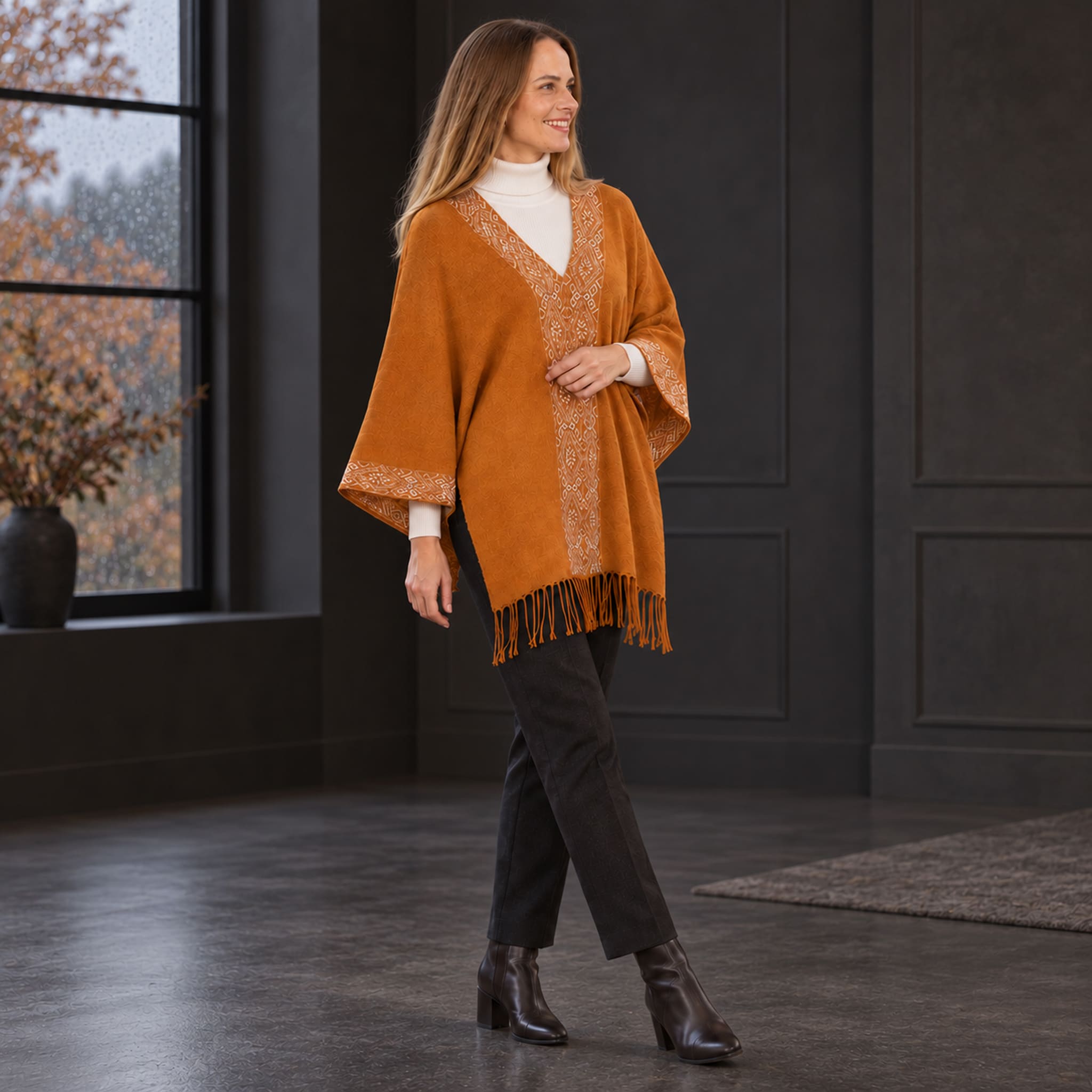 Frau läuft mit dem Flor Alpaka Poncho Schal, kombiniert mit weißem Rollkragenpullover für Herbst und Winter