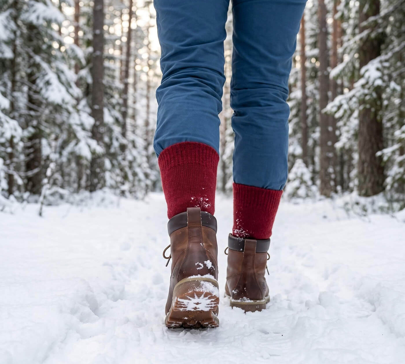Warme Alpaka Wintersocken getragen in Stiefeln in verschneiter Winterlandschaft
