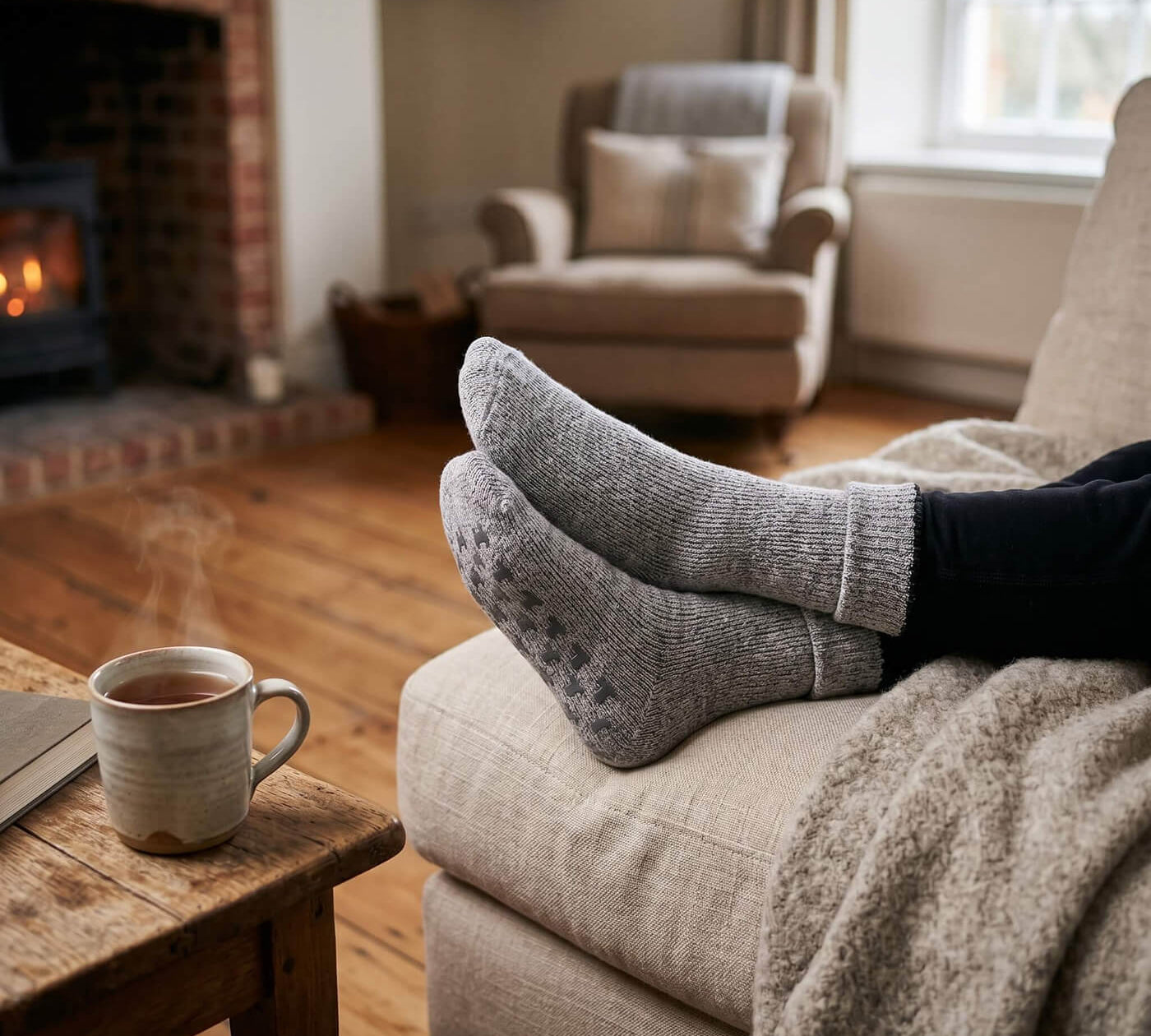 Kundenmeinung zu Alpaka Stoppersocken auf dem Sofa