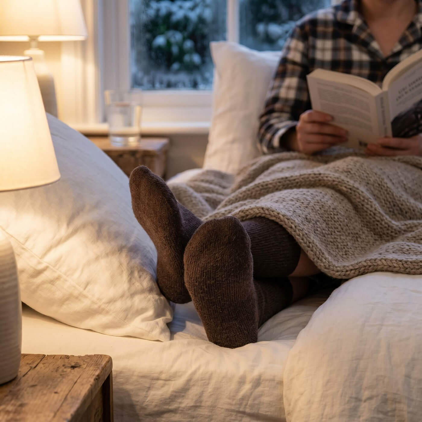 Samtig weiche Alpaka Wintersocken auf dem Sofa getragen