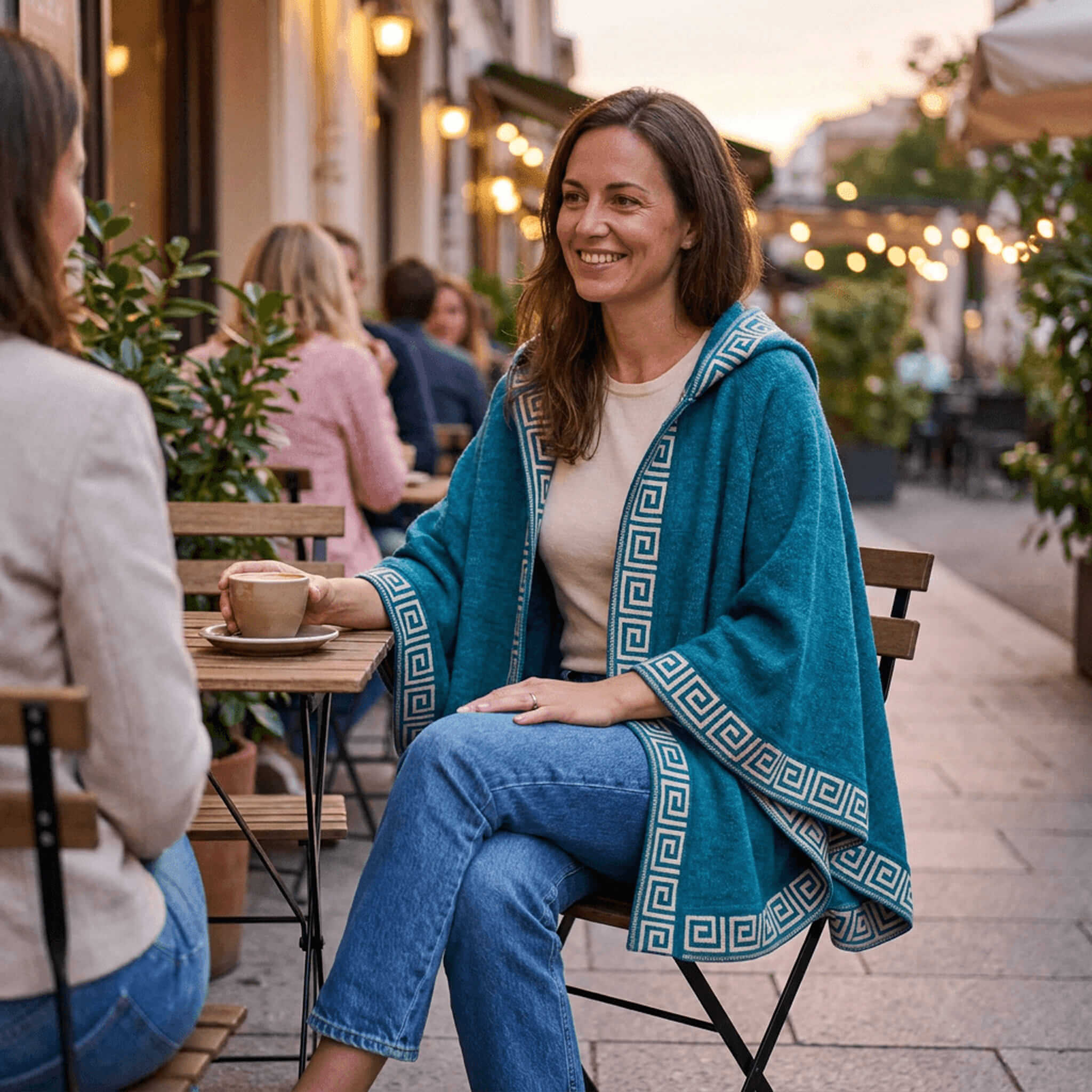 Frau sitzt in Abendstimmung mit ihrem offenen Alpaka Poncho in dunkeltürkis in einem Café und genießt den lauen Sommerabend