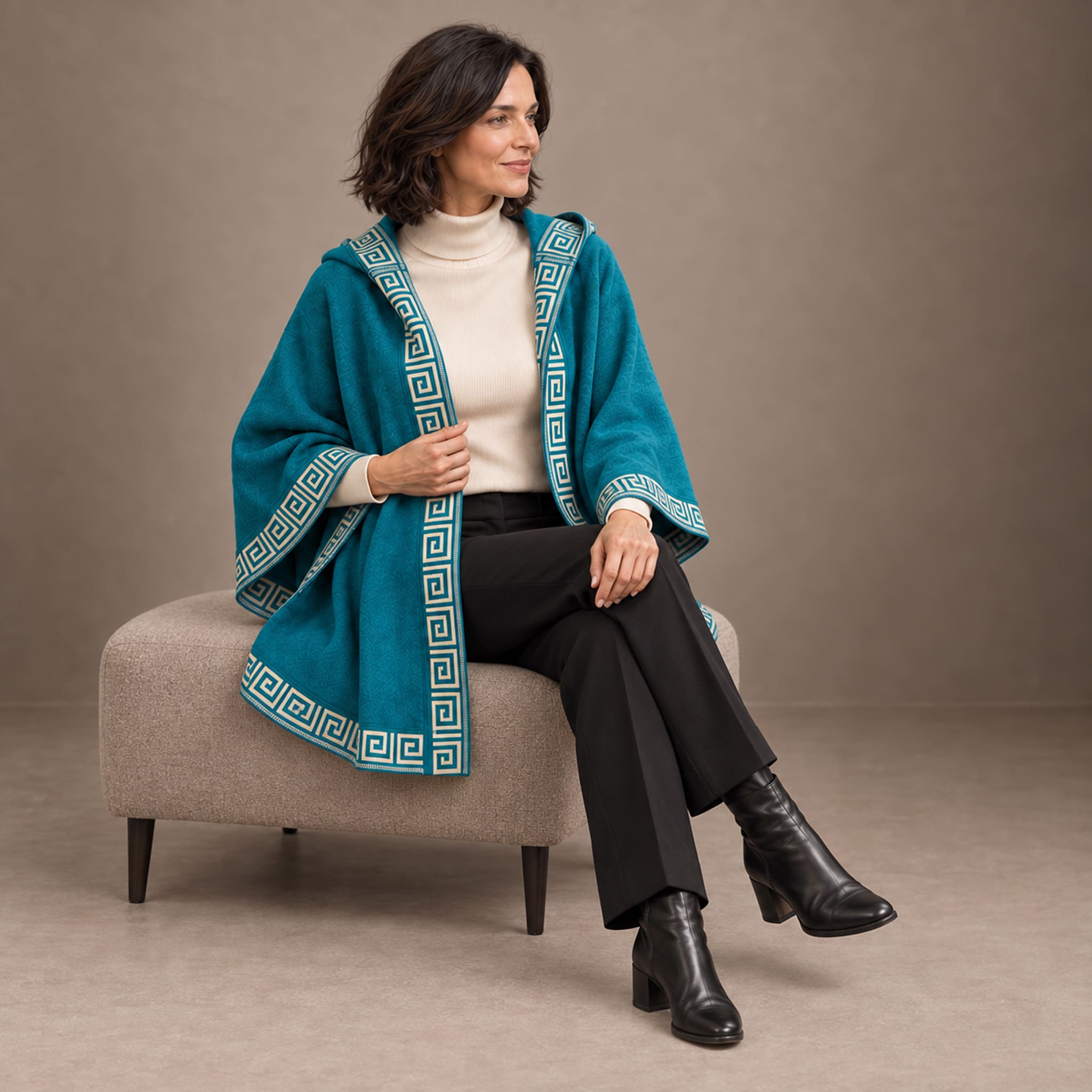 Sitzende Frau trägt den eleganten Luz Alpaka Poncho mit Kapuze in dunkeltürkis in Kombination mit weißem Rollkragenpullover