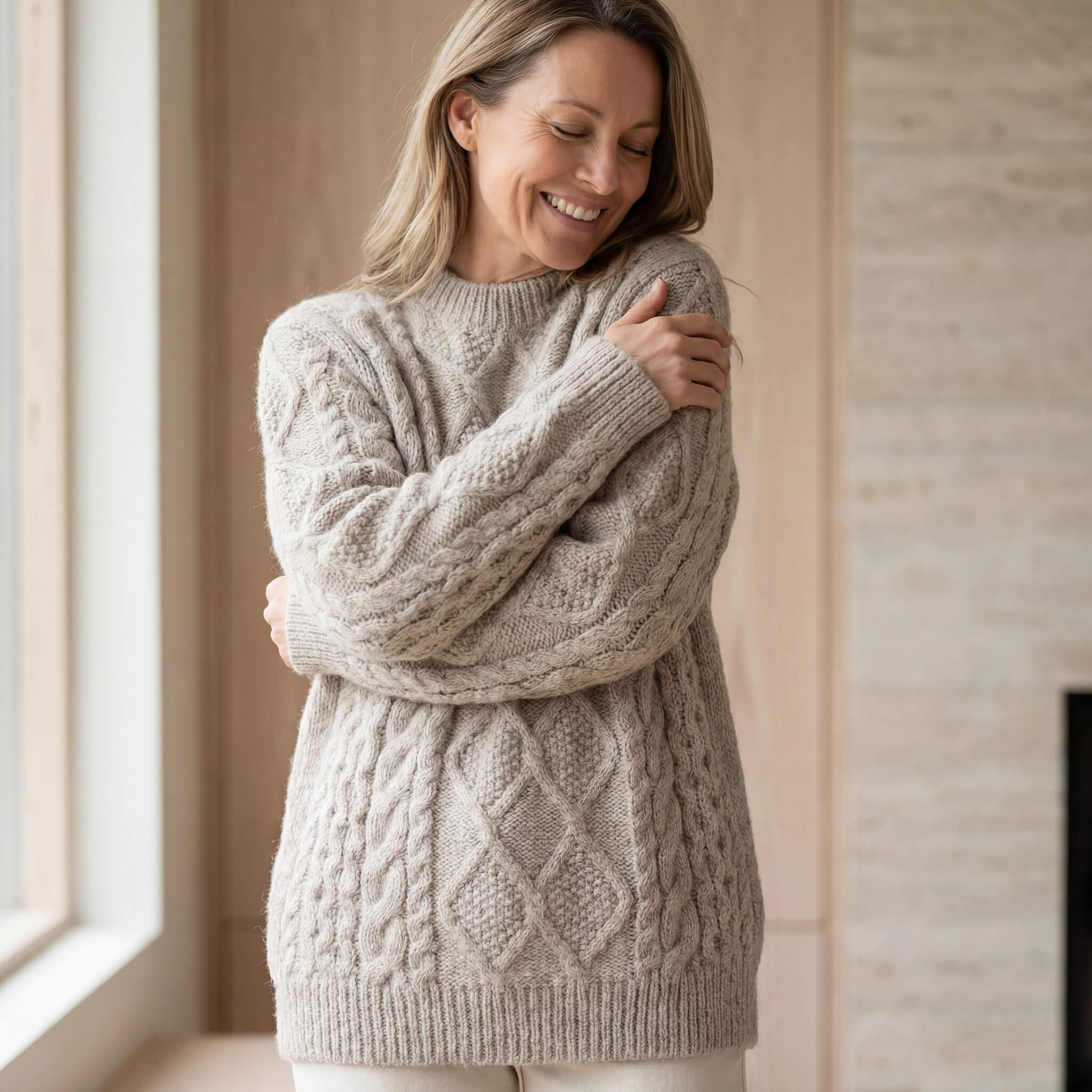 Dunkelblonde, 45-jährige Frau umarmt ihren kuschelweichen Zopfmuster Alpaka Pullover im dezenten Nordic Stil