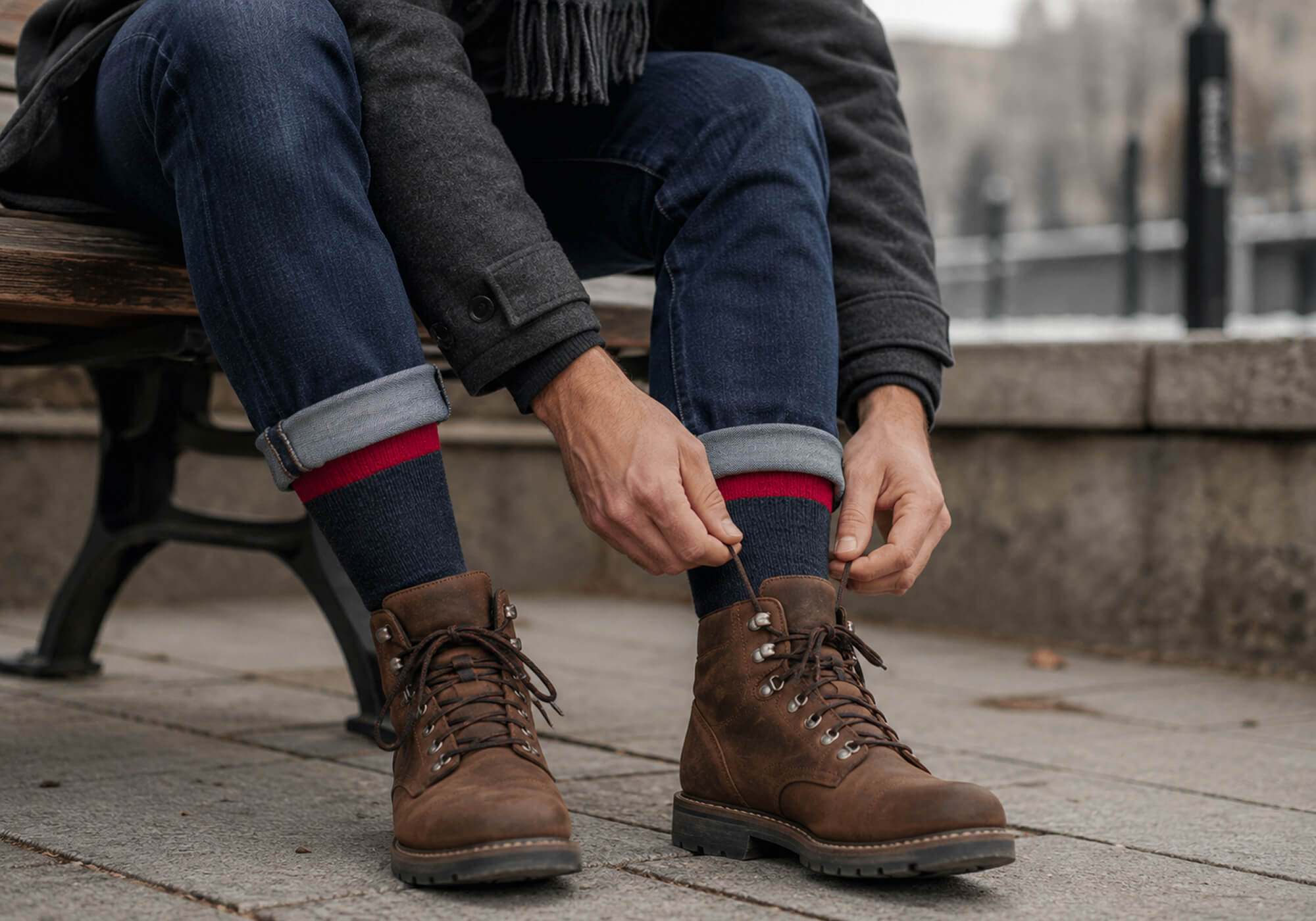Alpaka Thermosocken in Anthrazit und rot, getragen in Winterstiefeln in der Stadt