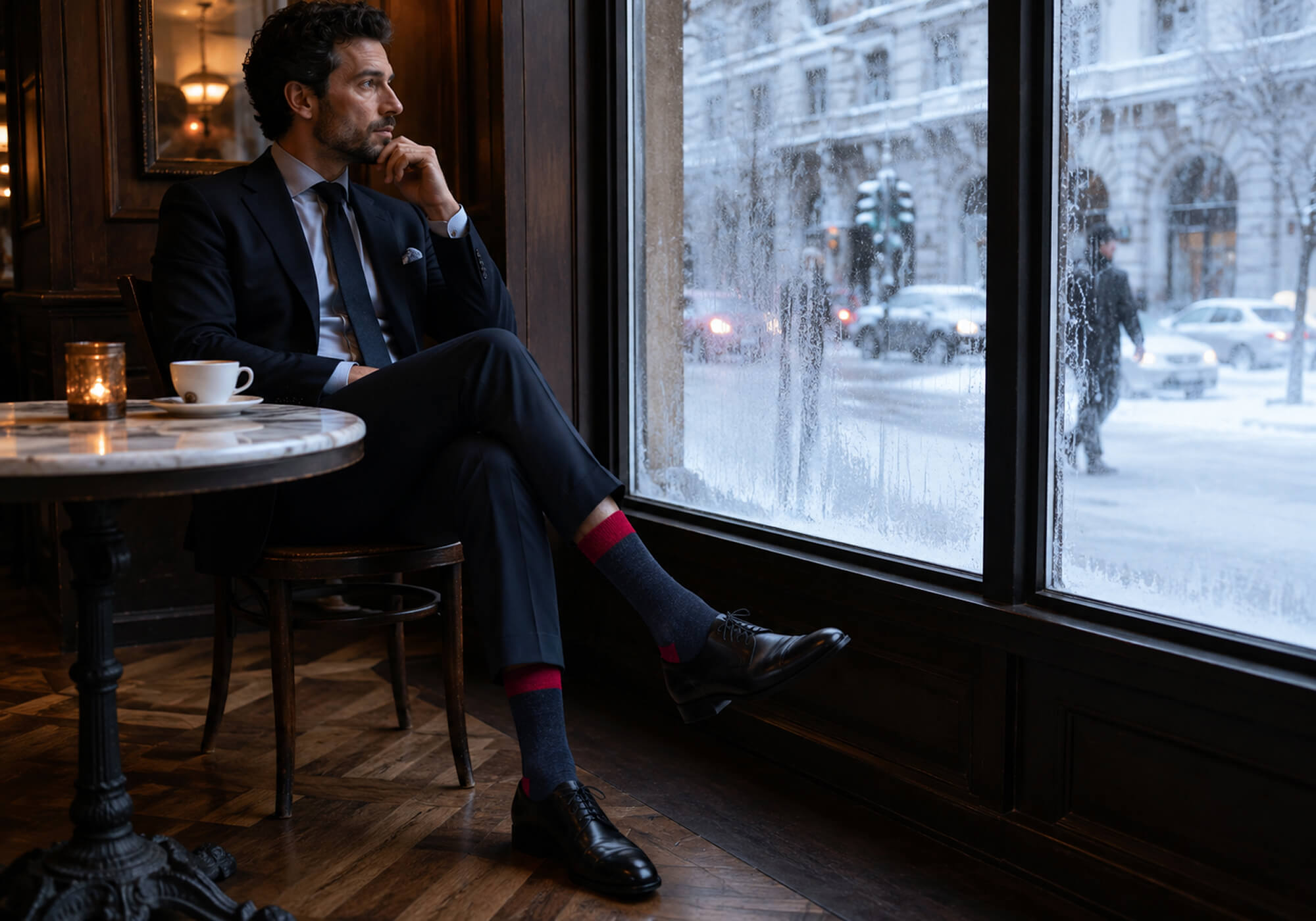 Mann in elegantem Anzug trägt die stylischen Alpaka Thermosocken mit roten Akzenten und blickt aus dem Fenster auf die kühle Winterkulisse der Stadt