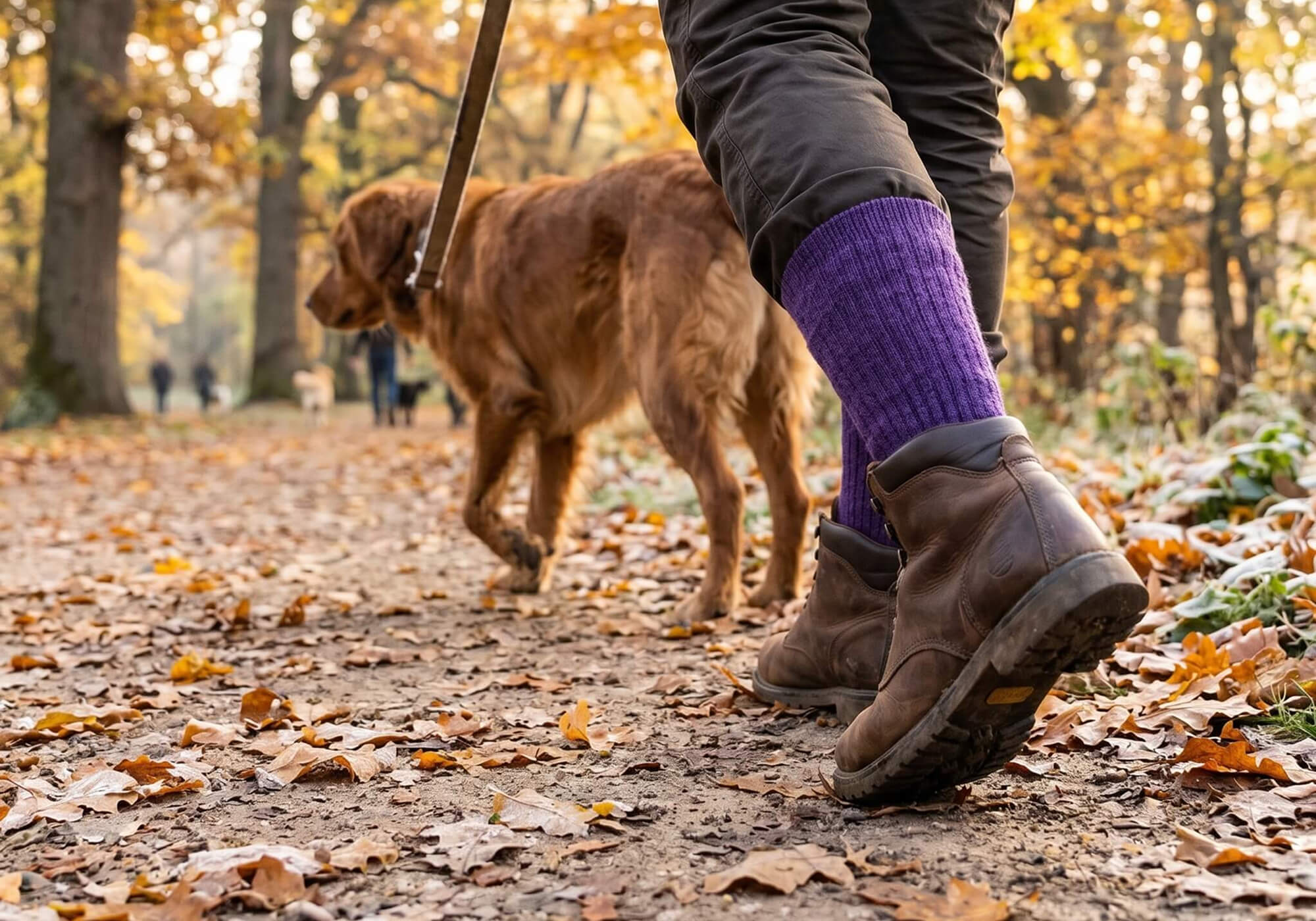 Alpaka Wandersocken in dunkellila auf dem Hundespaziergang im Wald