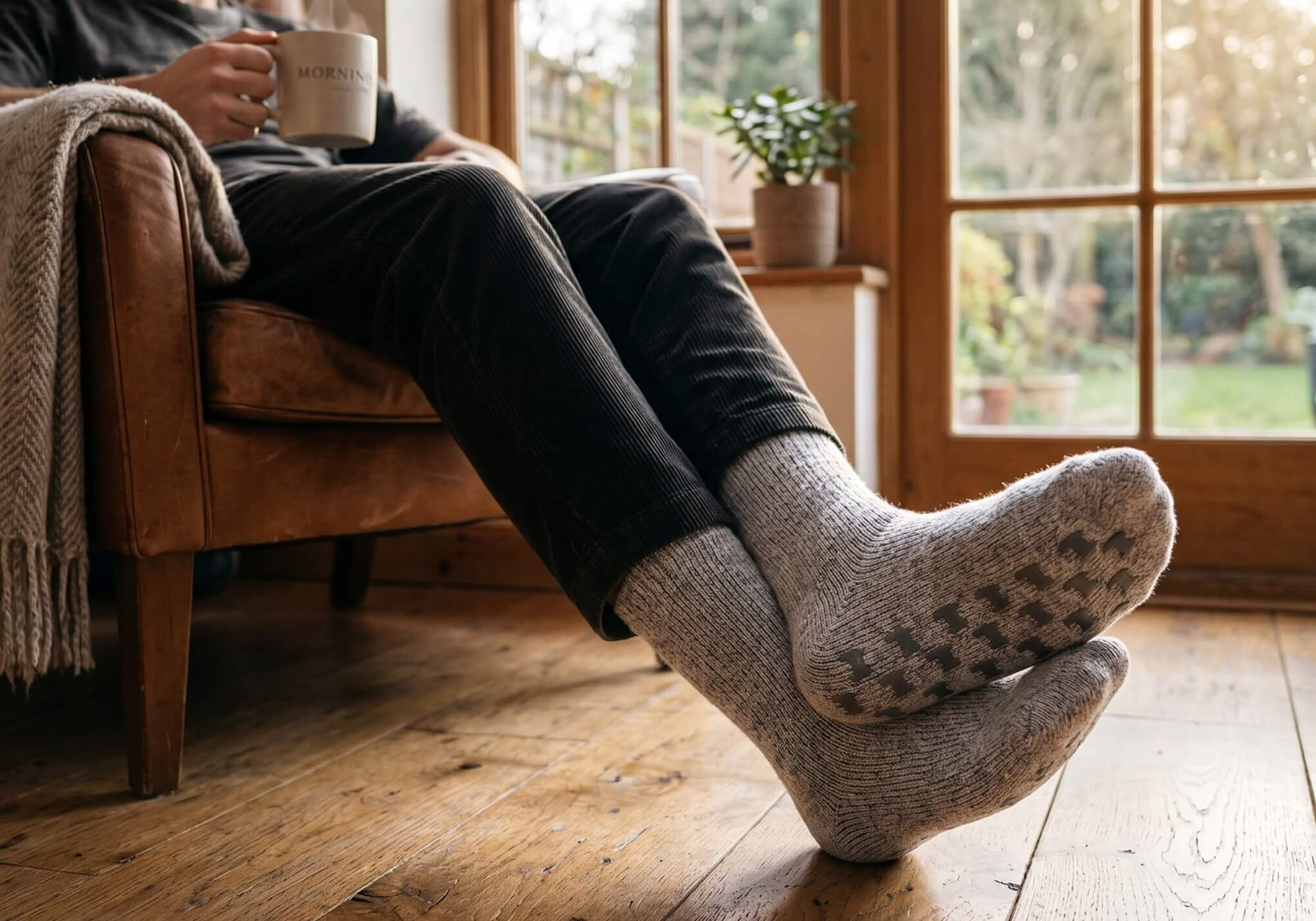 Mann bei seiner Morgenroutine sitzend mit Kaffeetasse in der Hand trägt die warmen Alpaka Socken mit Noppen