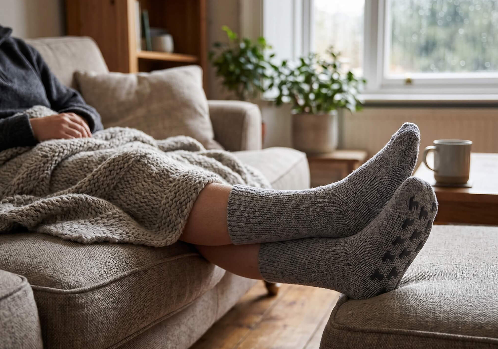 Gemütliches Sitzen auf dem Sofa mit den kuscheligen Alpaka Stoppersocken in hellgrau von Alpakin