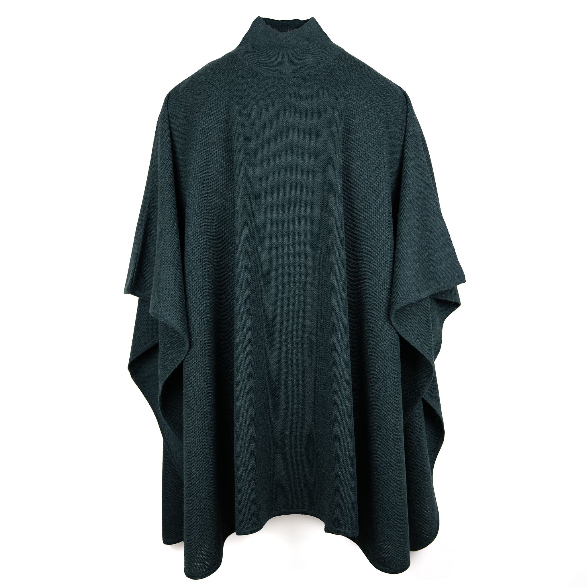 Dunkelgrüner Alpaka Poncho für Herren mit Kragen vor weißem Hintergrund