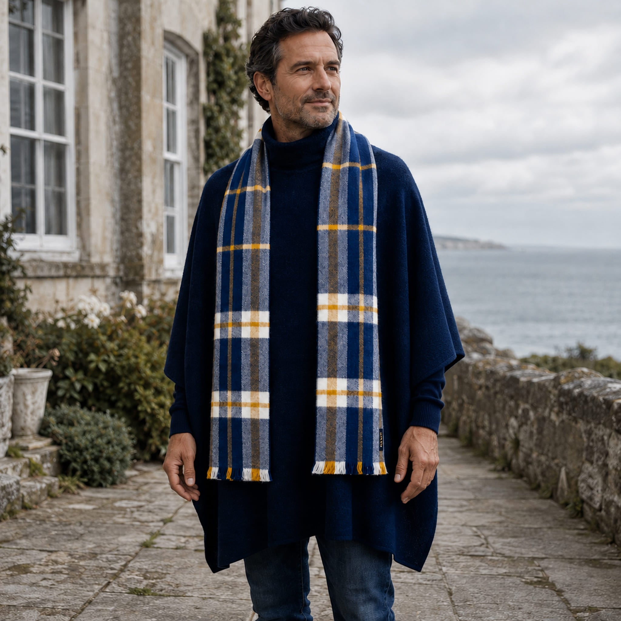 British Style Poncho aus Alpakawolle in Kombination mit Schottenkaro Schal in blau