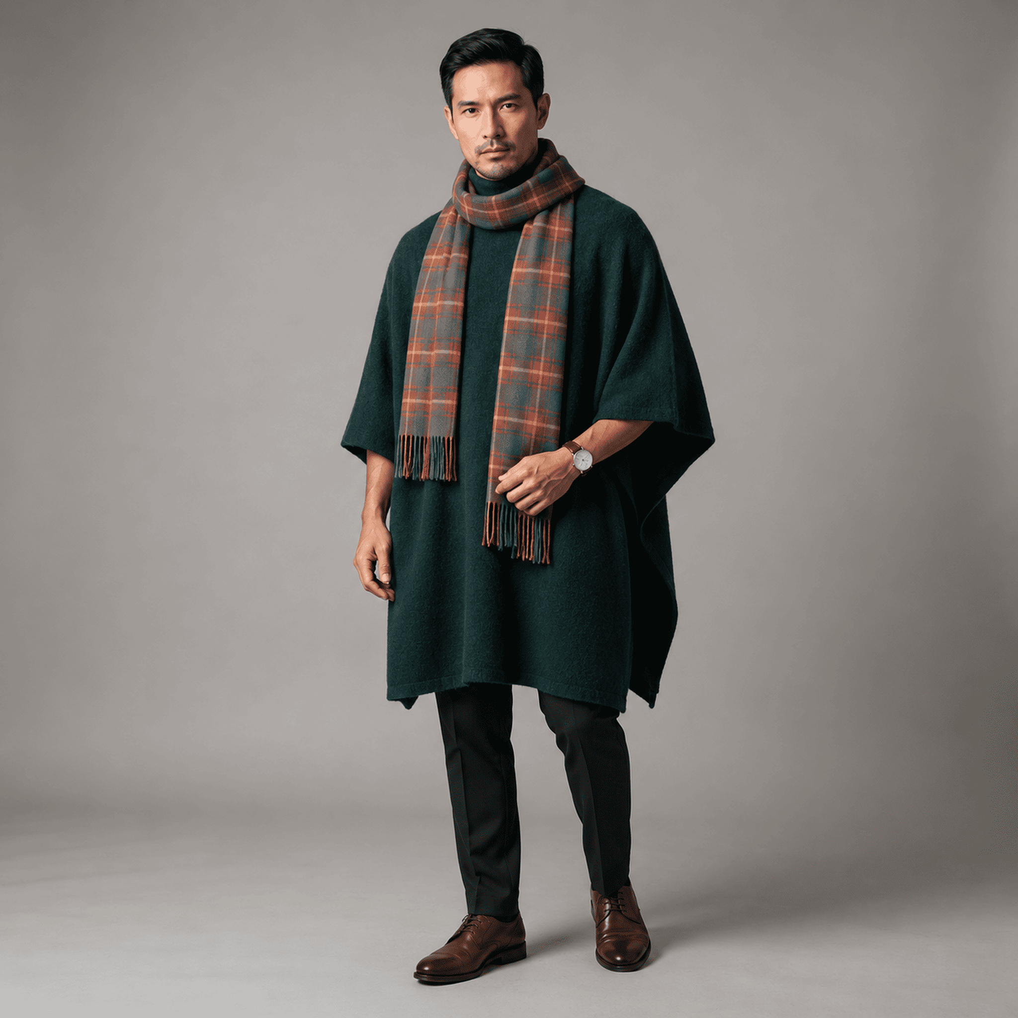 Ein attraktiver Mann mit schwarzen Haaren trägt den Herren Poncho mit Kragen British-Style in dunkelgrün - in Kombination mit dunkelrotem Schottenkaro Schal
