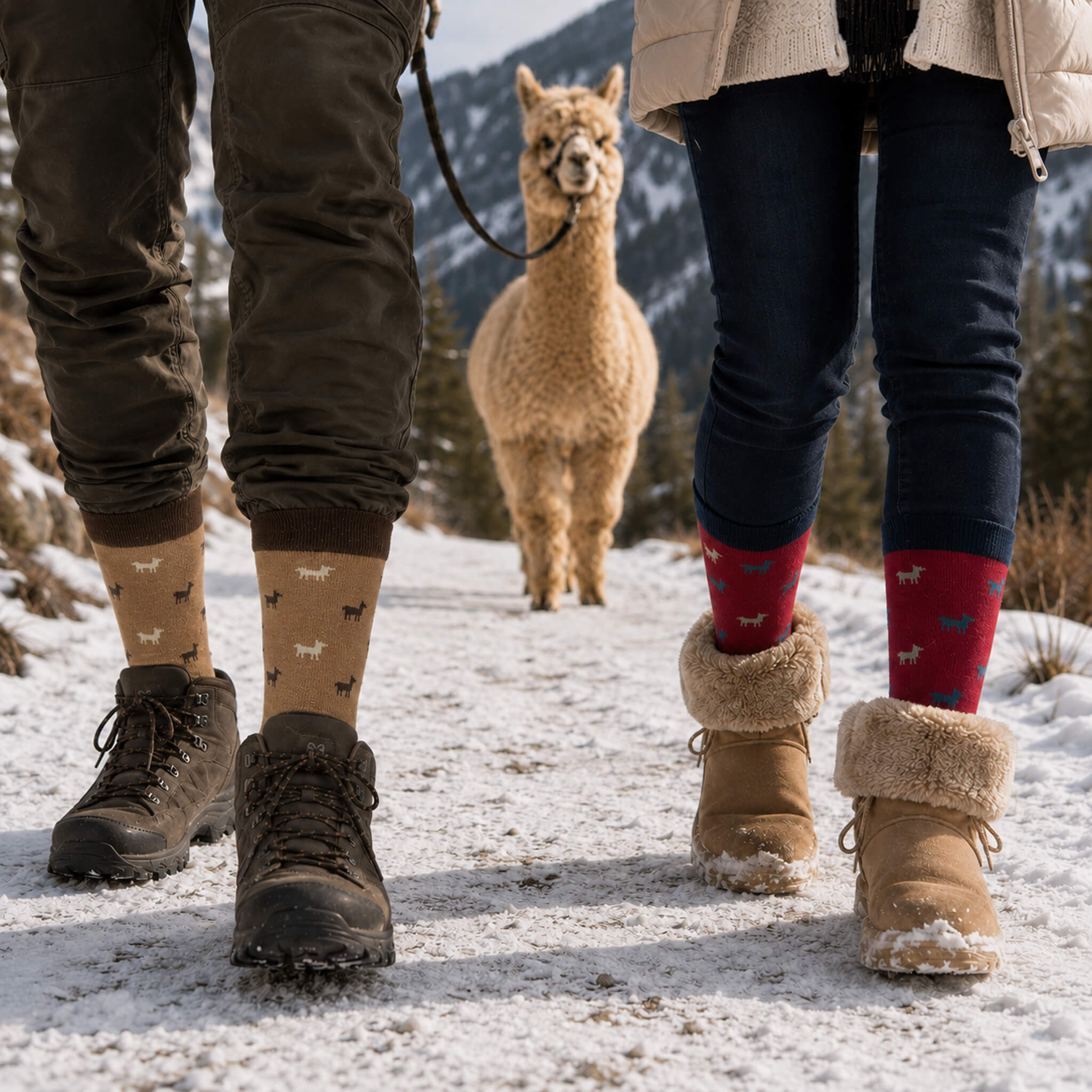 Paar trägt Socken mit Alpaka Motiv auf winterlicher Alpaka Wanderung