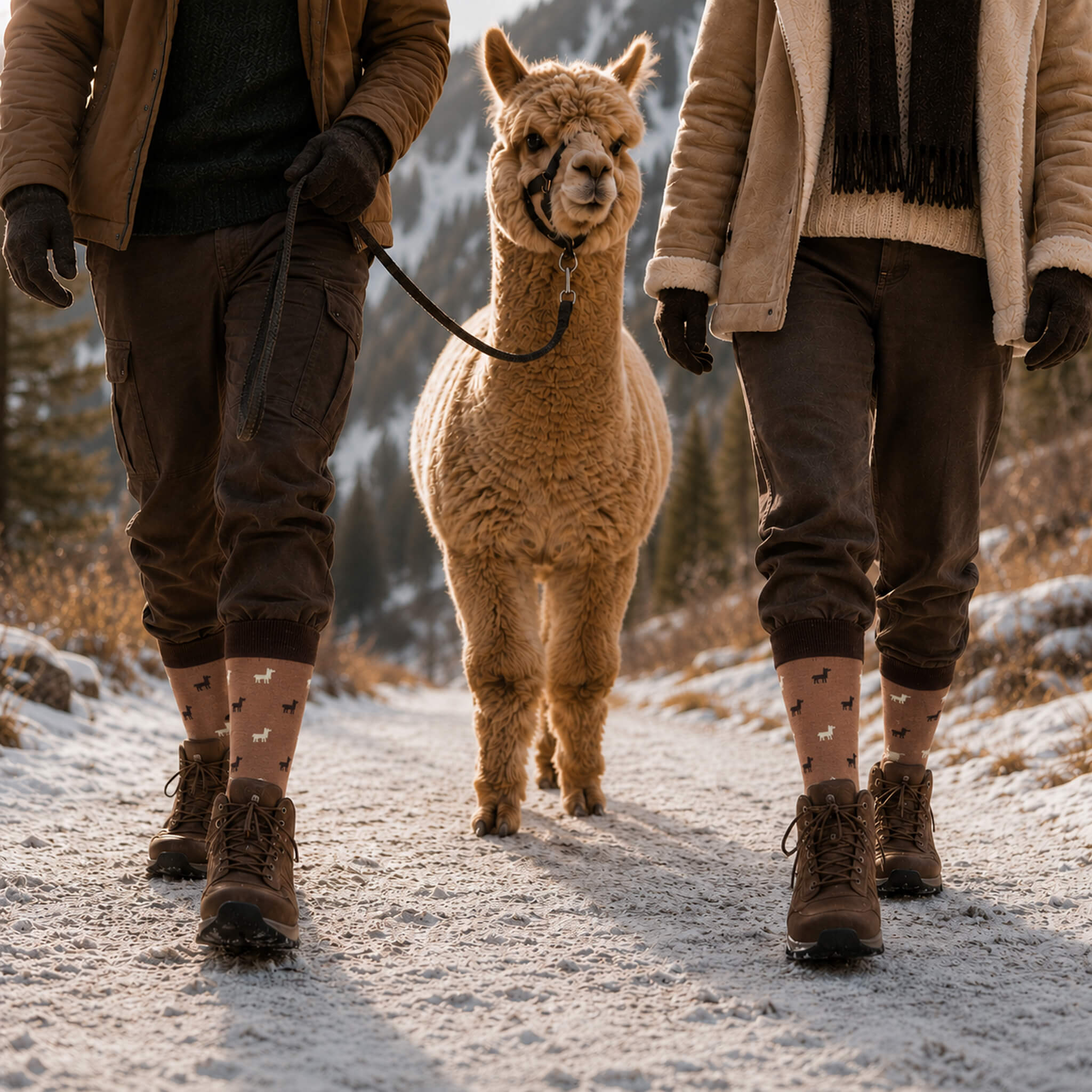 Paar trägt auf der Alpaka Wanderung ihre Socken mit Alpaka Motiv in braun