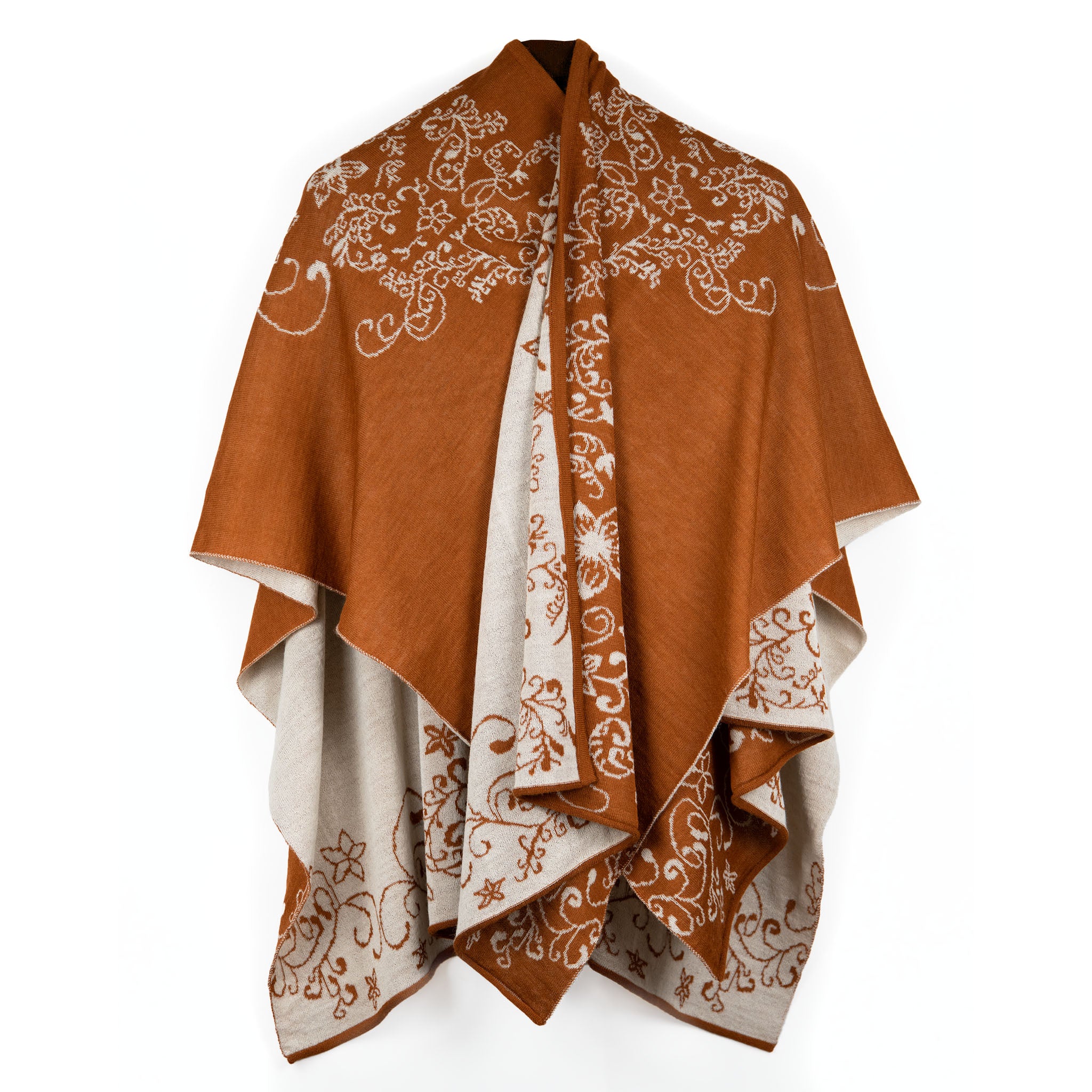 TAMAYA Alpaka Poncho für Damen von Alpakin in dunkelorange von vorne mit weiss