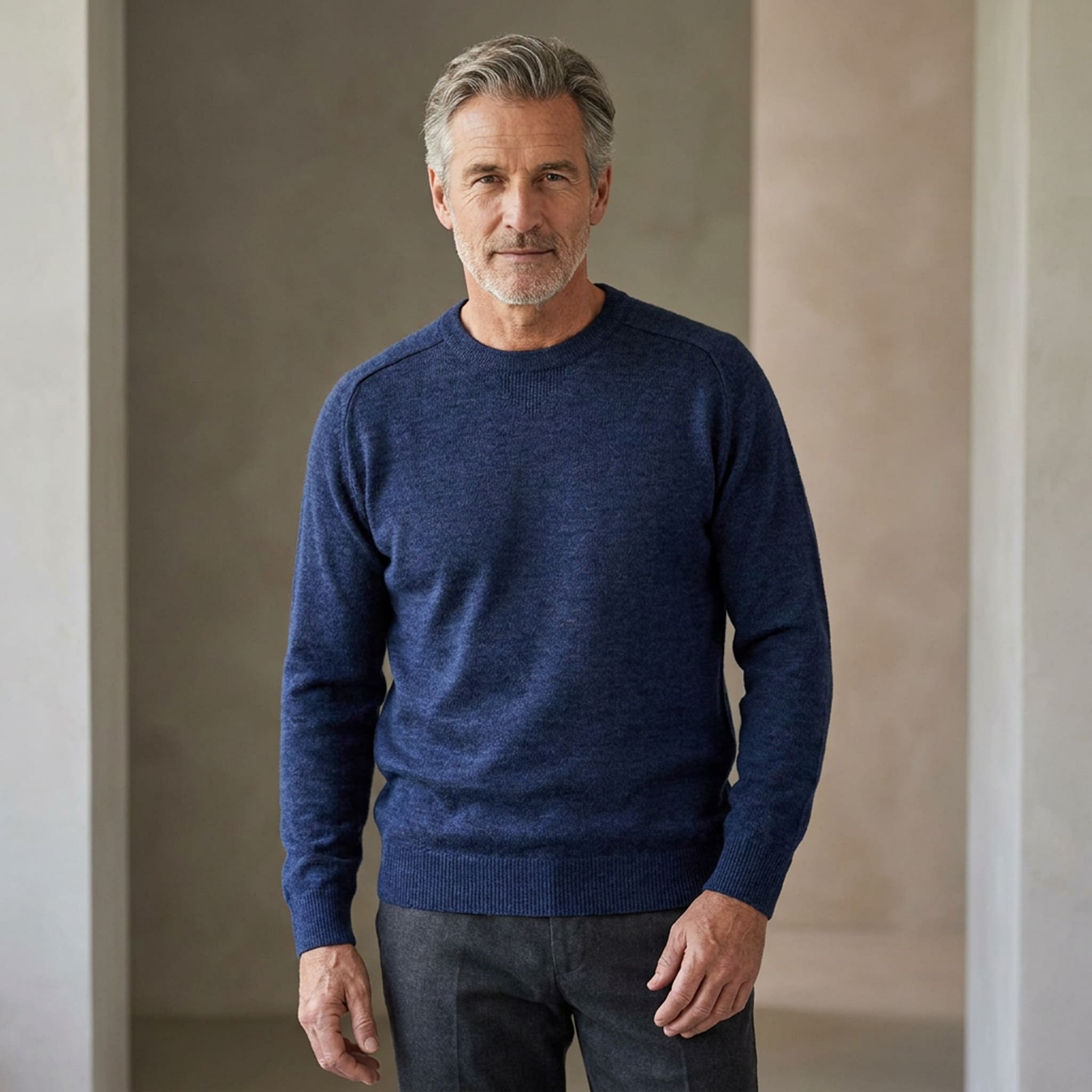 Grauhaariger Mann trägt einen Rundhals Pullover in Farbe dunkelblau aus Alpakawolle