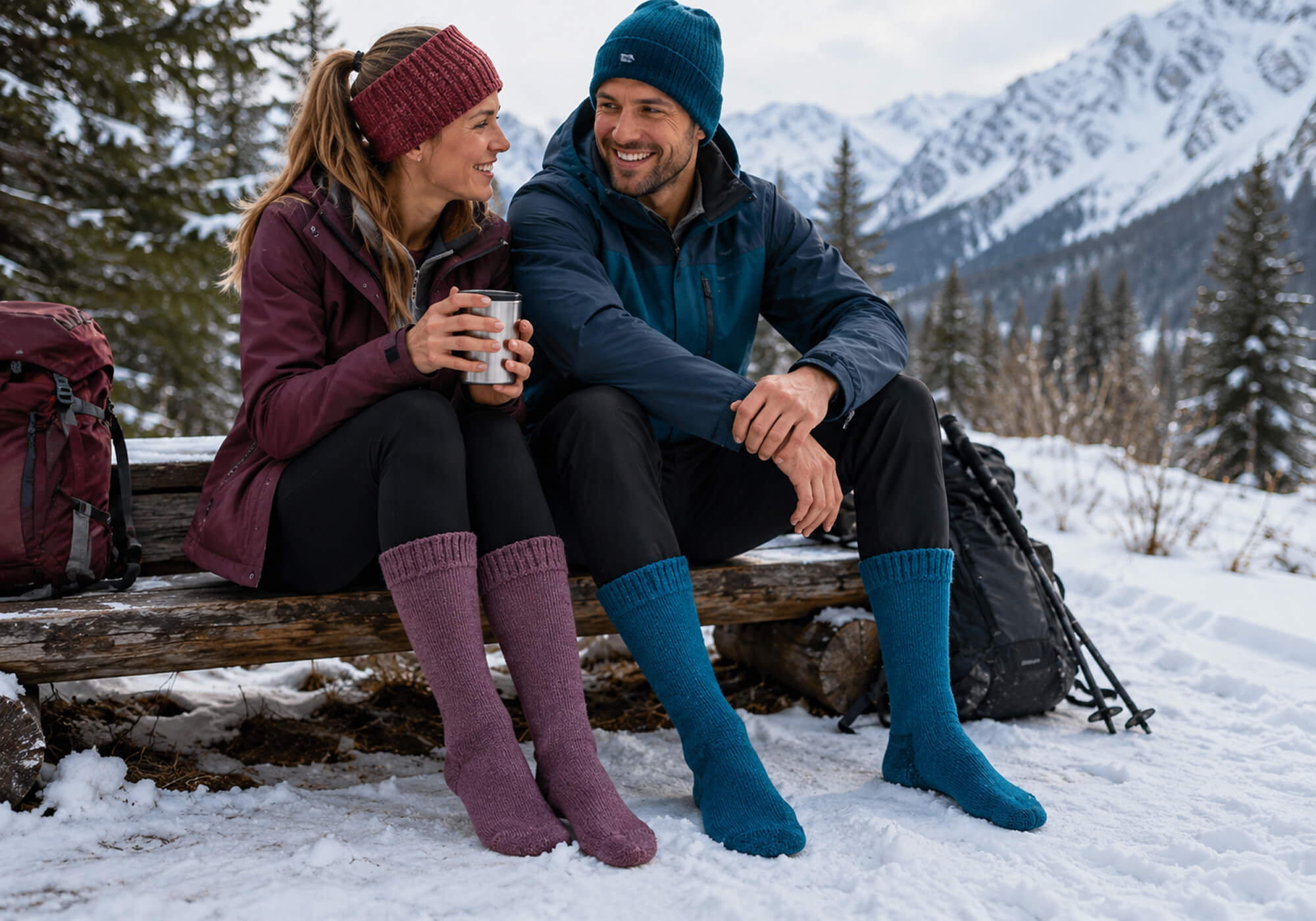 Mann und Frau auf der Winterwanderung genießen ihre warmen Füße dank der wärmsten Thermosocken aus Alpakawolle