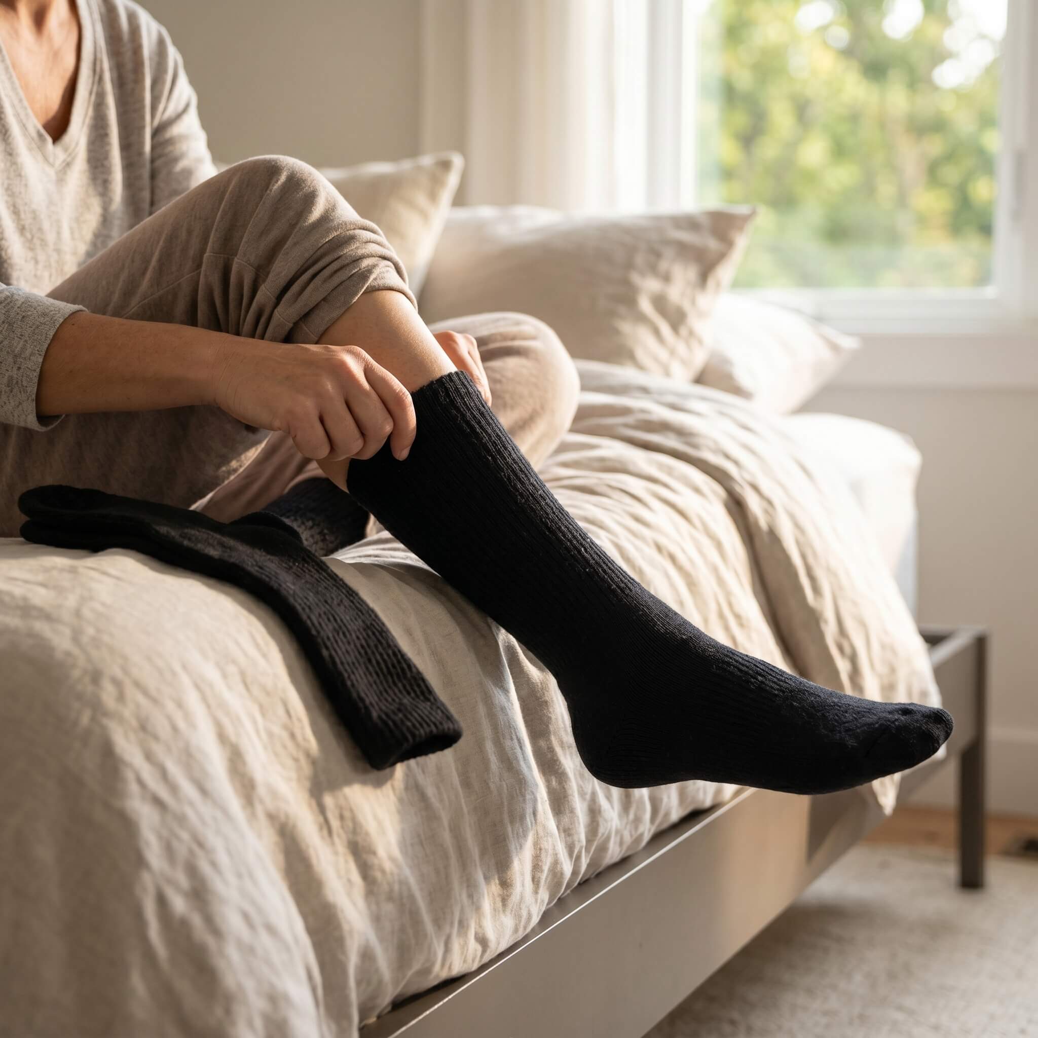 Warme Diabetikersocken aus Alpakawolle werden am Morgen von einer Frau angezogen