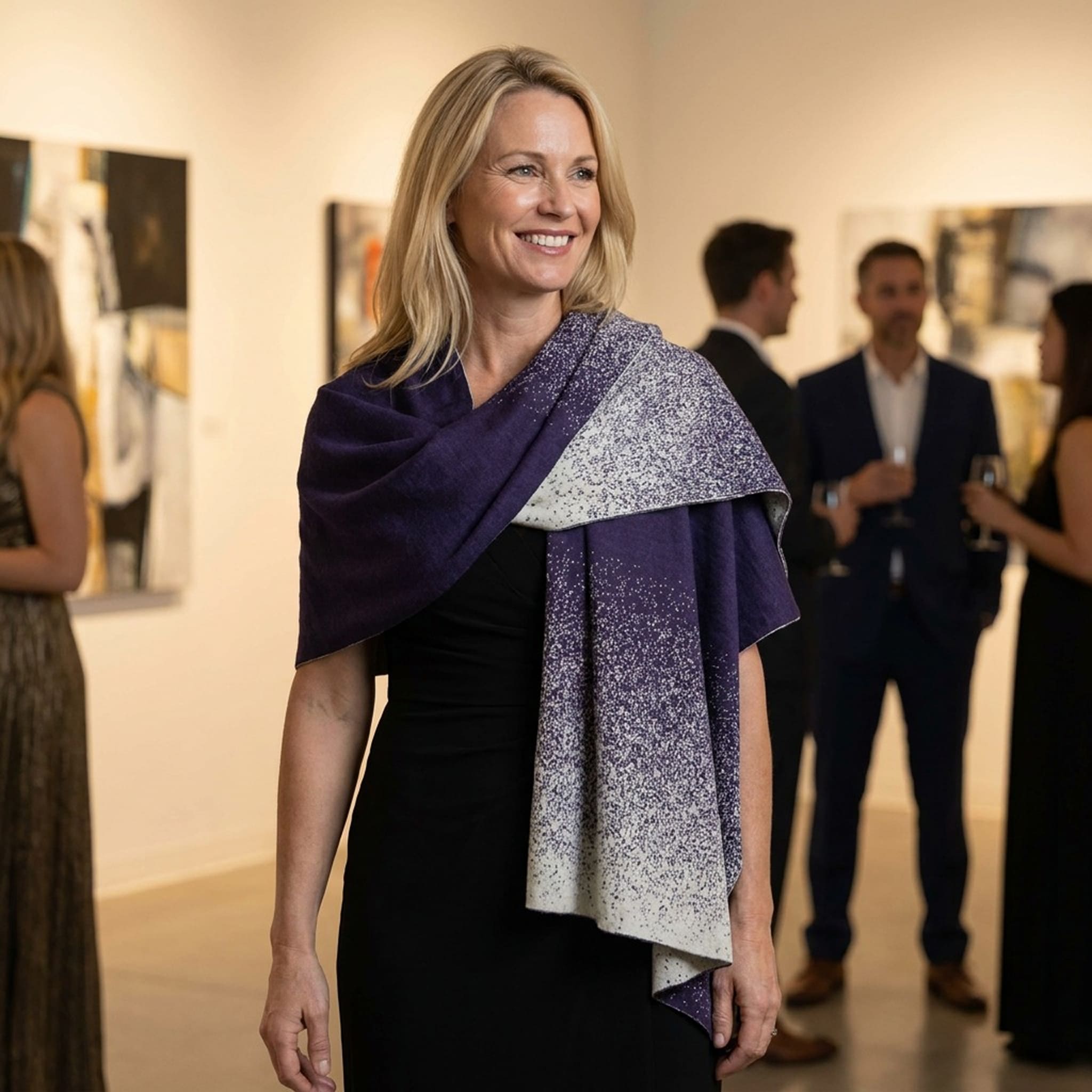 Blonde Frau trägt auf einer Abendveranstaltung den eleganten Poncho Yana aus Alpakawolle in dunkellila